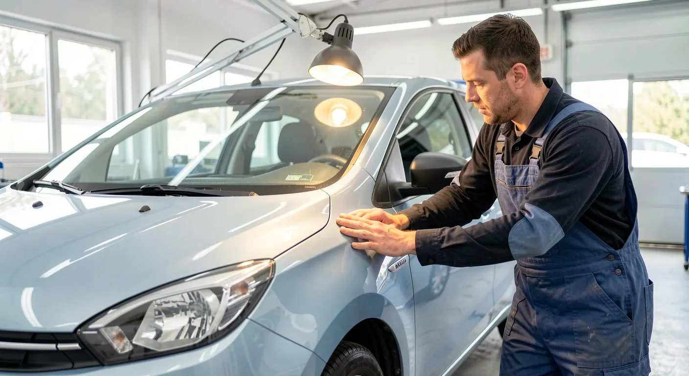 Un carrossier contrôle de la main l'aile d'une compacte bleu clair sous une lampe d'inspection