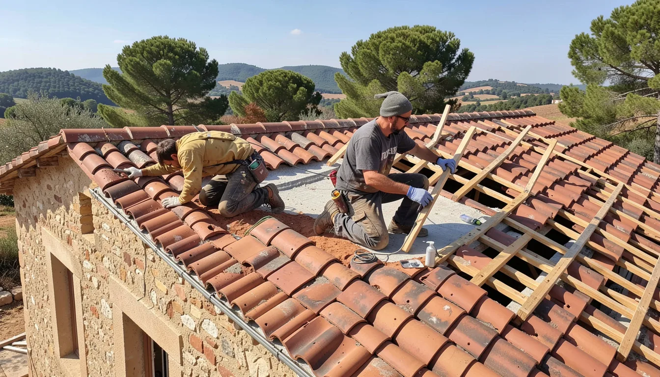 Deux couvreurs posent des tuiles canal sur le versant à moitié refait d'un toit de maison en pierre, avec des pins et des collines derrière