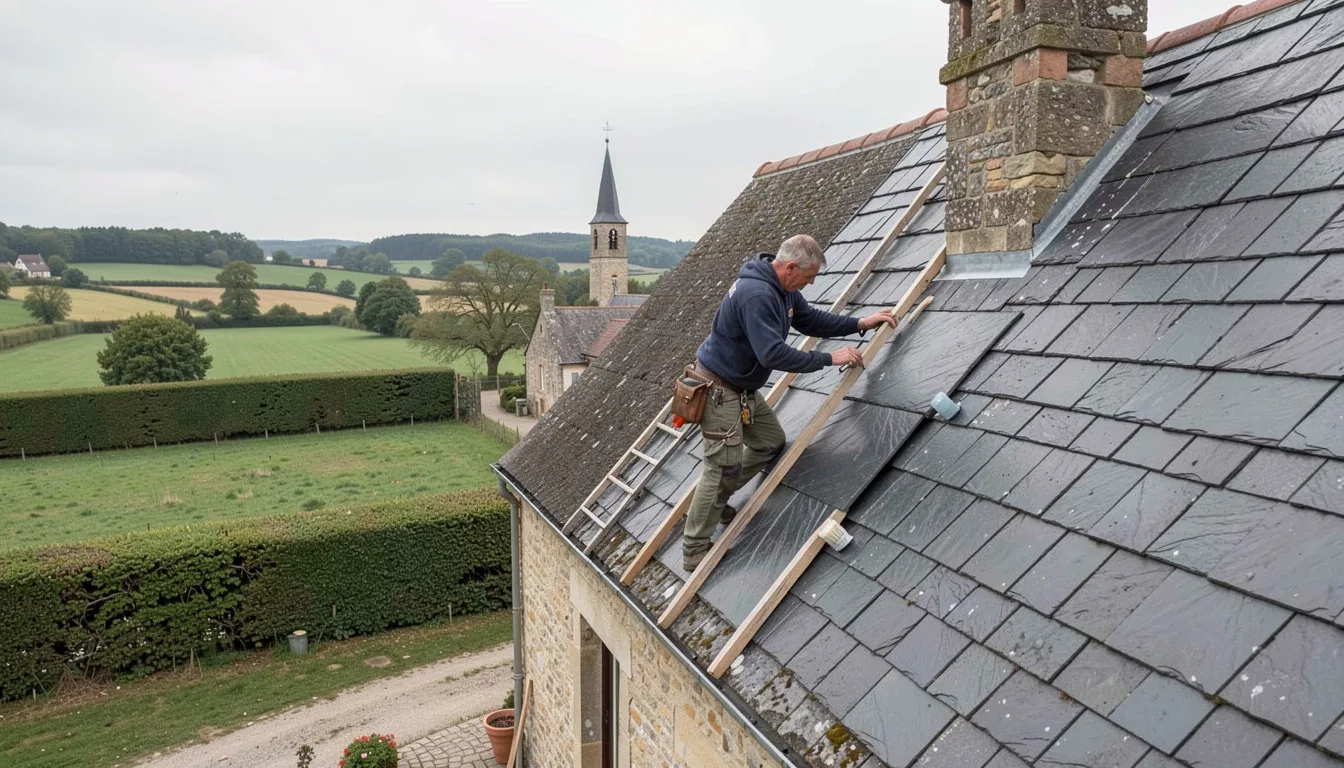Un couvreur fixe des ardoises sur le versant d'un toit de maison en pierre, avec des haies et un clocher de village au loin
