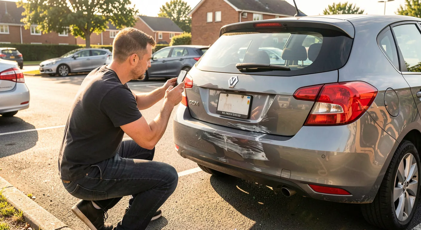 Un automobiliste accroupi photographie avec son téléphone un pare-chocs arrière rayé sur un parking